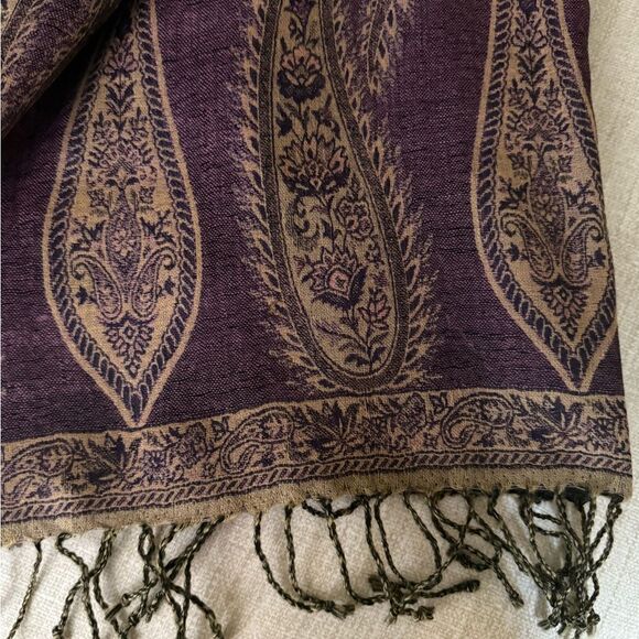 Challis Oversized Wrap in Brown & Purple with Hand Knotted Fringe. - Picture 3 of 4